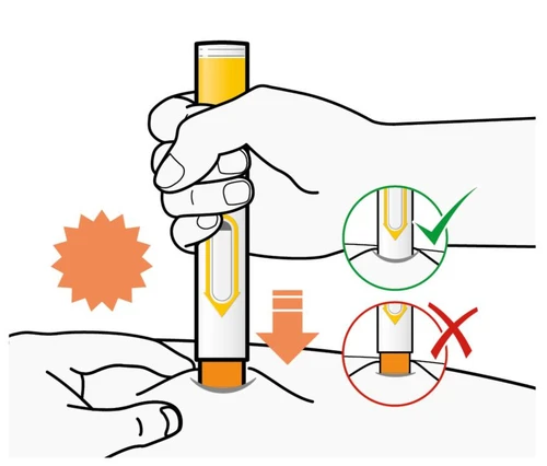 Drawing of a hand holding an auto-injector on a leg with green checkmarks and red crosses indicating correct positioning