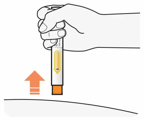 A hand holds a vertical injectable pen above the skin with an orange arrow pointing downward