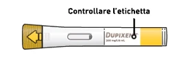 Illustration of a white and yellow Dupixent injectable pen with an arrow indicating the need to check the