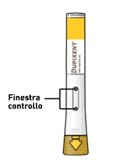 White and yellow Dupixent injectable pen with vertical text and a line indicating the viewing window in the central part of the device