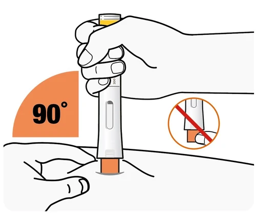 Illustration showing a hand holding a medical device at 90 degrees on the skin with a red circle denying the