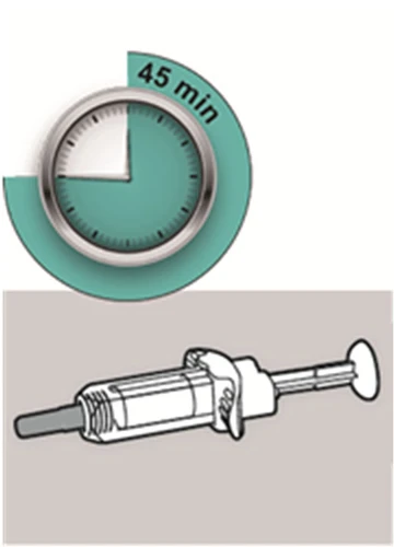Analog clock with green dial indicating a 45-minute interval above a white syringe with plunger and needle
