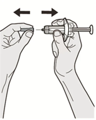 Two hands moving a syringe with a needle back and forth to connect it to a vial with black directional arrows above