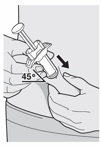 Two hands holding a syringe at a 45-degree angle to the skin with a black arrow indicating downward pressure movement