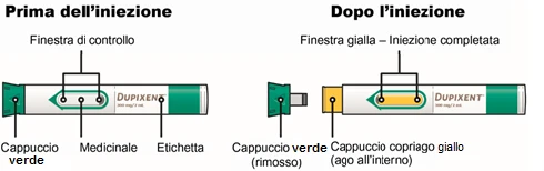 Comparison between two Dupixent pens with labels, green cap, and viewing windows before and after the