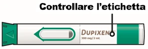 Illustration of a 300 mg/2 ml Dupixent injectable pen with a green arrow indicating the