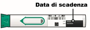 Detail of a medical container with green arrow, barcode, QR code, and expiration date indication EXP 00/0000