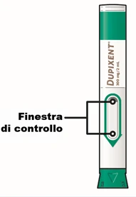 Dupixent 300 mg/2 ml injectable pen with indication of the viewing window via a black line and Italian text