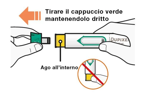 Illustration showing how to pull the green cap straight off with an orange arrow and the