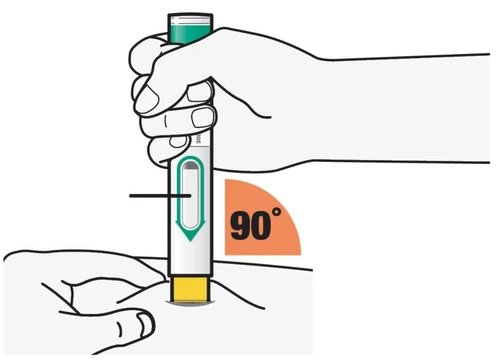 A hand holds an auto-injector and presses it vertically at 90 degrees against the thigh skin to administer the drug