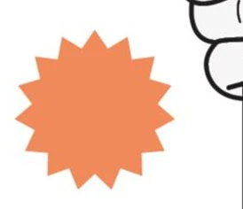An orange star-shaped form with jagged edges positioned next to the top of a stylized face drawn with black lines on a white background