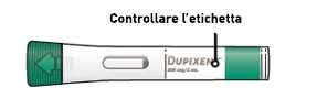 Drawing of a Dupixent injectable pen with a black arrow indicating the