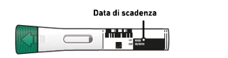 White medical device with black text and a barcode indicating the expiration date via a vertical arrow above a black circle