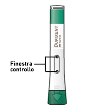 White and green Dupixent auto-injector pen with a black line indicating the viewing window on the device body