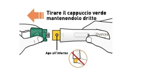 Two hands holding a white medical device with green cap, an orange arrow indicates pulling the cap straight off