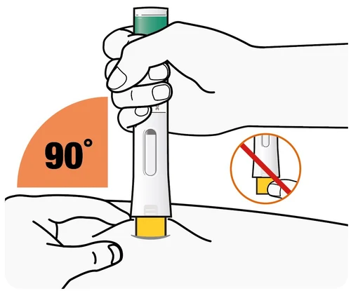 A hand holds an auto-injector vertically at 90 degrees on the skin with a red circle indicating not to touch the yellow tip