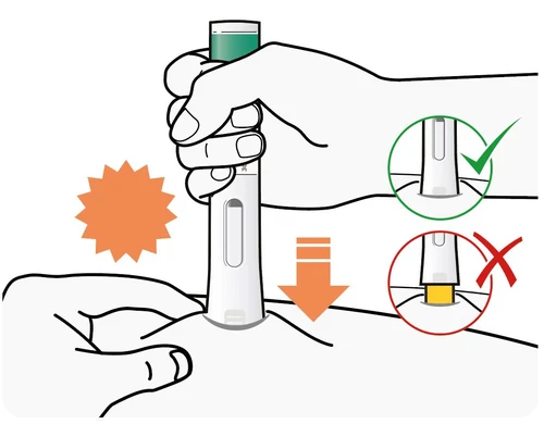 Hands holding an auto-injector to apply it to the skin with a downward orange arrow and two comparison circles with check and cross marks