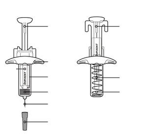 Technical diagram of two prefilled syringes with lines indicating the different component parts of the medical device for the