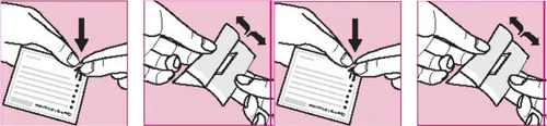 Sequence of four illustrations showing hands opening a medicine pouch by pressing down and pulling the side flaps