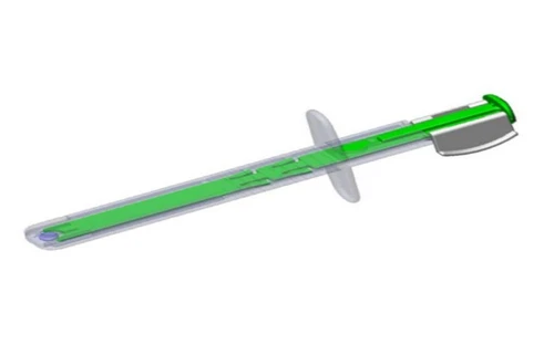 Transparent medical device with green internal plunger and a gray protective cap on the tip for administration