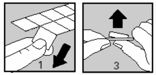 Two diagrams show hands separating a tablet strip, with a downward arrow in the first and an upward arrow in the second