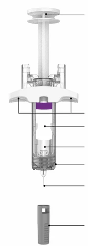 Technical diagram of a medical device with white and transparent components and black lines indicating the various parts of the mechanism