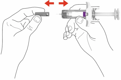 Two hands bringing together and separating a pre-filled syringe from an application device, with red arrows indicating movement