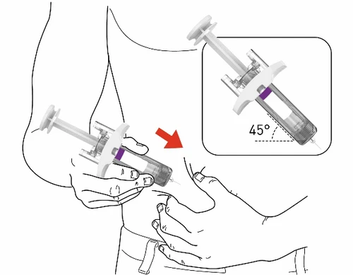 Technical drawing showing how to insert a syringe into abdominal tissue at a 45-degree angle relative to the skin