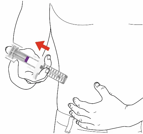 A hand holding an auto-injector with the needle pointing downward