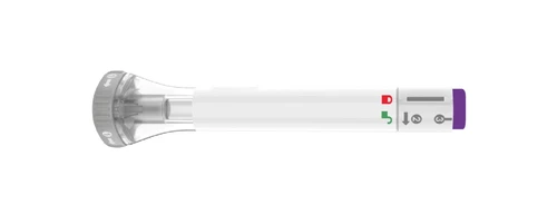 White auto-injector pen with transparent tip, red and green color indicators, and a purple end section on a white background