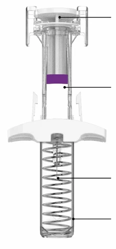 Technical diagram of a transparent medical device with internal components, a metal spring, and horizontal black reference lines