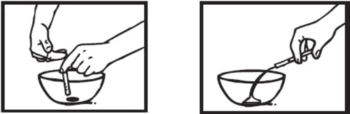 Dibujo en dos partes que muestra manos insertando un frasco en un bol y luego utilizando una jeringa para aspirar el líquido del bol