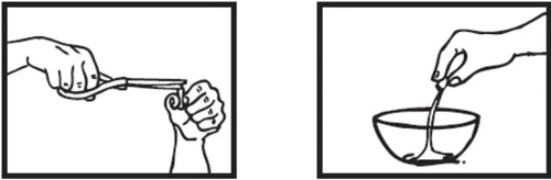Dibujo en blanco y negro que muestra una mano que utiliza una pinza para abrir un frasquito y un