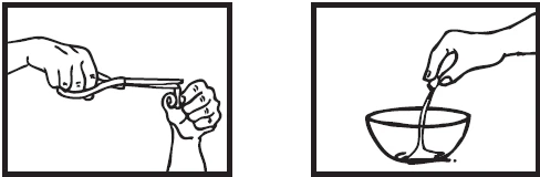 Dibujo lineal que muestra una mano que utiliza tijeras para cortar un tubito y una mano que vierte el contenido en un bol