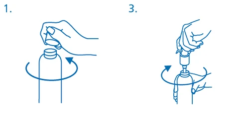 Blue illustration showing two steps: a hand unscrewing the cap from a vial and a hand screwing a medical device onto it