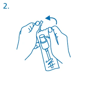 Blue line drawing of two hands opening a single-dose package containing a vial with cap and an integrated syringe, indicated by a curved arrow