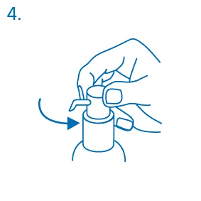Blue line drawing showing two hands holding and turning the cap of a medical vial in the direction of a curved arrow