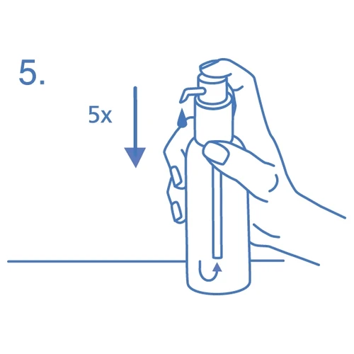 Blue line drawing showing a hand pressing the dispenser of a vial five times, with a downward-pointing arrow and a curved arrow indicating direction