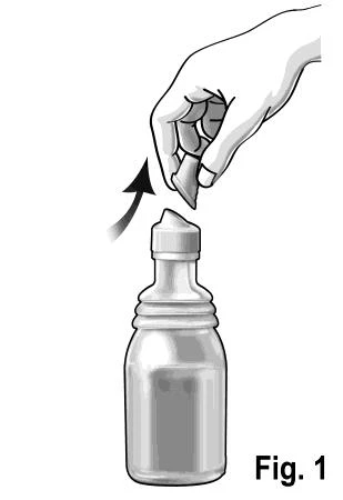 A hand removing the protective cap from a glass vial with a pulling motion