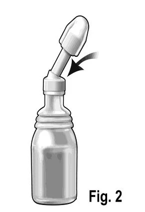 Technical drawing of a medicine vial with a dropper being inserted into the bottle neck, indicated by a black arrow