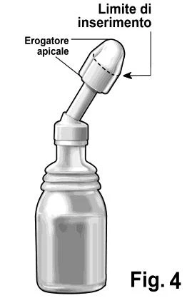 Technical drawing of a bottle with a nasal dispenser and indication of the insertion limit shown by an arrow and text on a white background