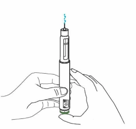 Due mani tengono verticalmente un dispositivo medico a penna con una piccola scia azzurra che fuoriesce dalla parte superiore