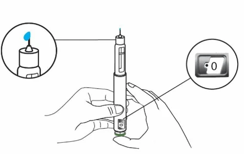 Disegno tecnico di una penna iniettiva tenuta tra due mani con ingrandimenti che mostrano la punta con goccia di liquido e il display con lo zero