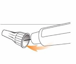 Illustrazione tecnica che mostra l'innesto di un cappuccio conico su un dispositivo medico tramite un movimento rotatorio indicato da una freccia arancione