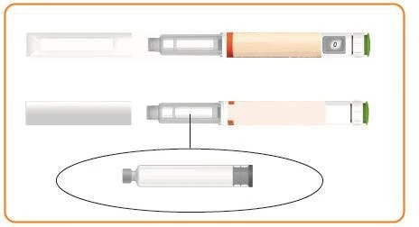 Diagramma tecnico che mostra tre diverse configurazioni di un dispositivo medico a penna per iniezione su sfondo bianco
