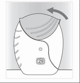 Disegno tecnico di un dispositivo medico con un coperchio superiore che si solleva verso l'alto tramite una freccia curva e un display con il numero 29