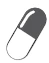 Stylized illustration of a two-tone pharmaceutical capsule tilted with upper half dark gray and lower half white with black outline