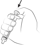 A hand gripping a syringe with the thumb pressing down on the plunger, indicated by a black arrow pointing downward