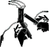 Stylized black and white drawing showing a hand gripping a syringe for a