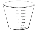 Black and white drawing of a graduated measuring cup with markings indicating volumes from 2.5 ml to 30 ml